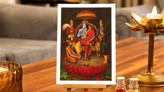 painting of Lord ram and mata Sita sitting togther