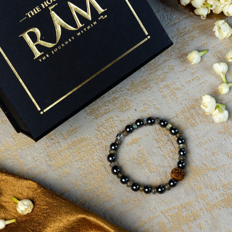 Haematite & Labradorite Bracelet | Ram Engraved Tulsi Bead Haematite & Labradorite Bracelet | Ram Engraved Tulsi Bead