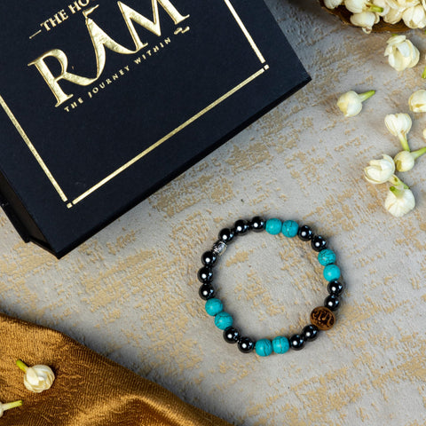 Turquoise & Haematite Crystal Bracelet | Ram Engraved Tulsi Bead Turquoise & Haematite Crystal Bracelet | Ram Engraved Tulsi Bead