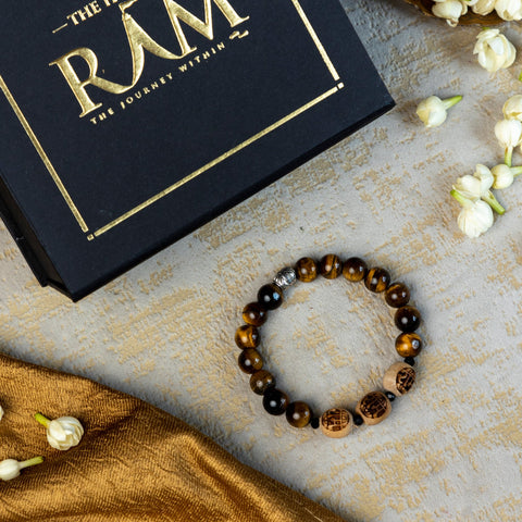 Tiger Eye Bracelet | Ram Engraved Tulsi Bead Tiger Eye Bracelet | Ram Engraved Tulsi Bead