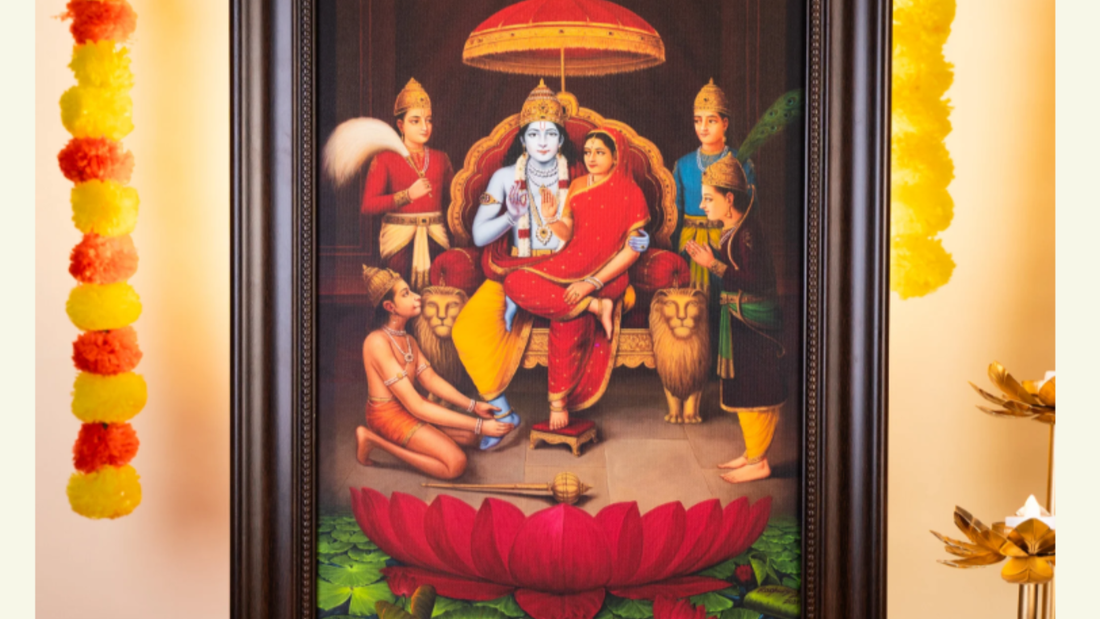 A vibrant Hindu artwork depicting a throne scene with royalty, adorned with a lotus, and surrounded by devotees in traditional attire.