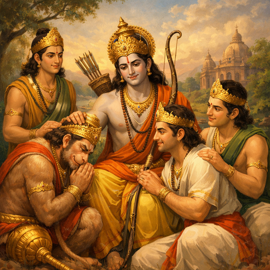 A group of figures in traditional attire, gathered around a central figure wielding a bow, set against a scenic backdrop.