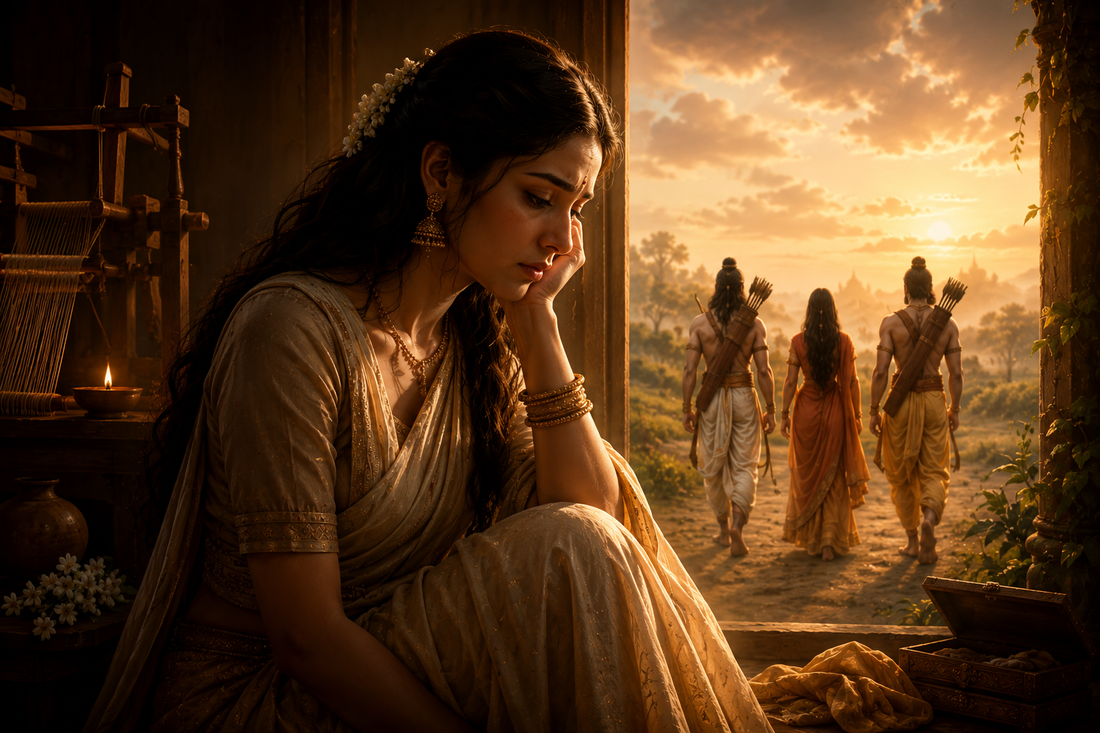 Urmila watches Rama, Sita, and Lakshmana depart, symbolizing her silent sacrifice in the Ramayana.