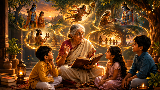 Elderly woman reads a magical storybook to her family, with glowing illustrations of mythological scenes and a sunset walk in the background.