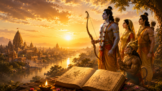 A mystical scene shows four figures in ancient attire, with one holding a bow, overlooking a river, grand temple, and sunset. An open book and lamp are in the foreground.