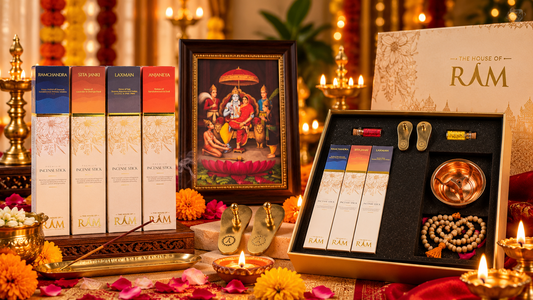 The House of Ram Diwali gift collection featuring incense sticks, a spiritual gift box, brass accessories, devotional artwork, and glowing diyas.