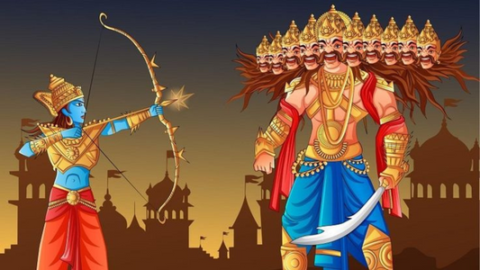 A warrior with a bow stands ready to shoot an arrow at a multi-headed demon in front of silhouettes of traditional palaces at sunset.