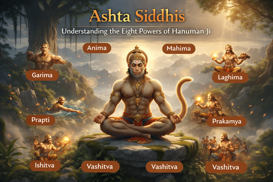 Hanuman Ji surrounded by celestial forms depicting the eight Ashta Siddhis: Anima, Mahima, Garima, Laghima, Prapti, Prakamya, Ishitva, Vashitva. Hanuman sits in the center, exuding serenity and power, amidst a mystical forest setting.