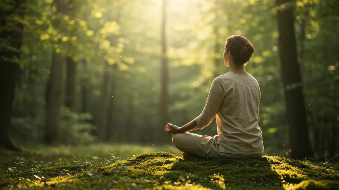 A person sits cross-legged on moss in a forest, meditating as sunlight filters through the trees, creating a serene atmosphere.