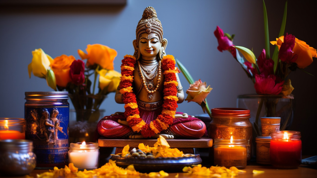 A serene altar featuring a decorative statue adorned with marigold garlands, candles, and vibrant flowers, creating a tranquil atmosphere.