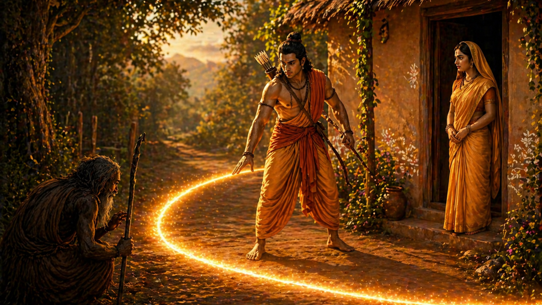 A warrior draws a glowing line around a kneeling elder with a staff, while a woman watches from a cottage doorway. The dense forest in the background is bathed in warm, golden light.