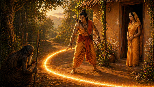 A warrior draws a glowing line around a kneeling elder with a staff, while a woman watches from a cottage doorway. The dense forest in the background is bathed in warm, golden light.
