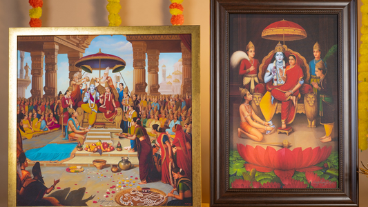 Two ornate paintings depict Hindu deities and rituals, surrounded by a vibrant crowd, with festive decorations in the background.