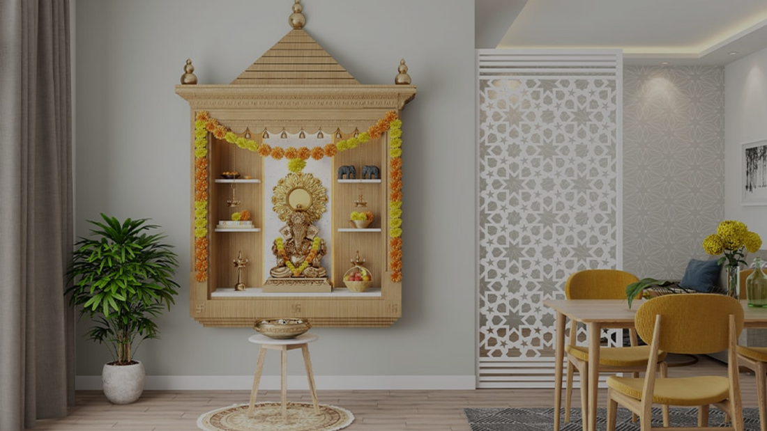 A beautifully decorated wooden altar with a deity statue, adorned with flowers, in a modern living space featuring a dining area.