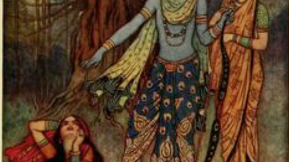 A traditional painting depicting Lord Krishna in peacock-patterned attire, standing with Radha while another woman sits under a tree, gazing upwards.