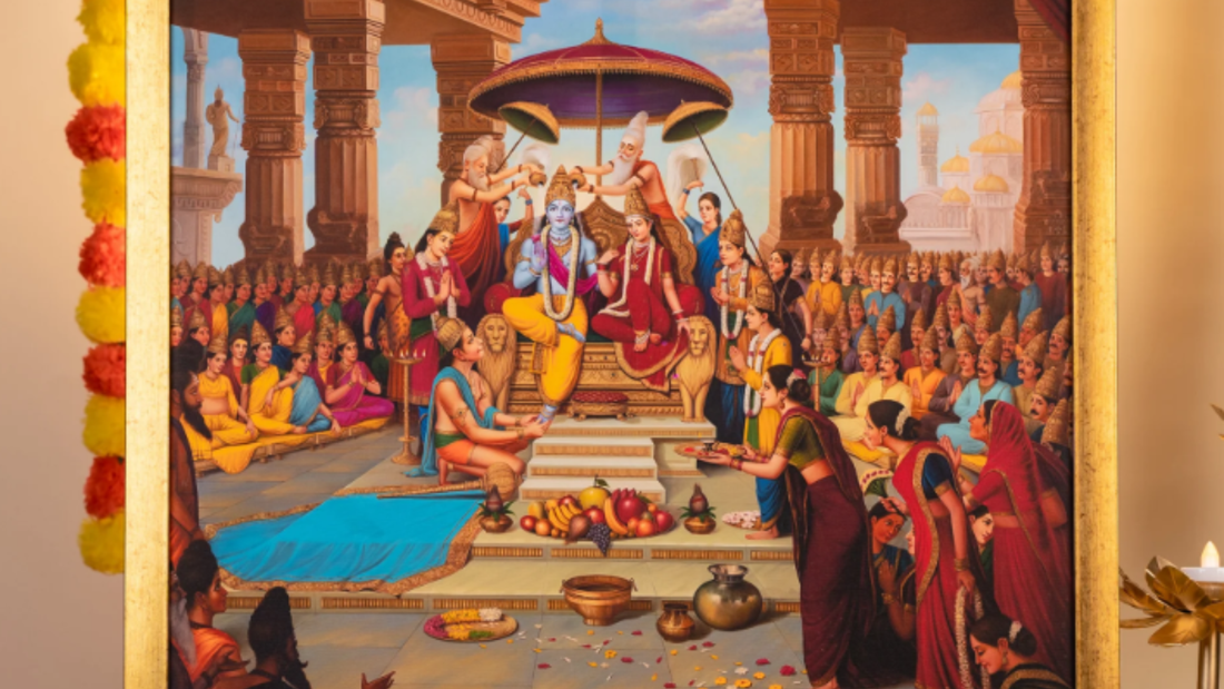 A vibrant painting of a royal ceremony of shri ram rajya abhishekh with figures presenting offerings and a regal figure seated under a decorative canopy.