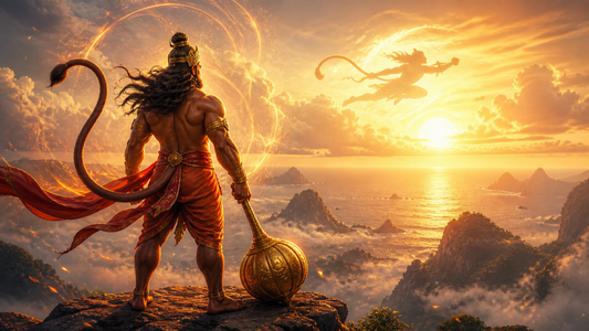 A strong figure with a tail stands on a cliff, holding a golden mace, overlooking a sunset and ocean. A silhouette flies against a dramatic sky.