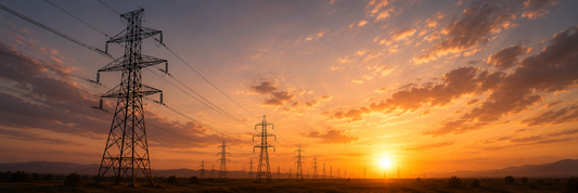High voltage power lines stretch across a field with mountains in the background at sunset under a partly cloudy sky.