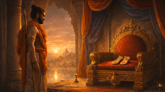 A figure in traditional attire stands before a grand throne adorned with red and gold, as the sun sets in the background.