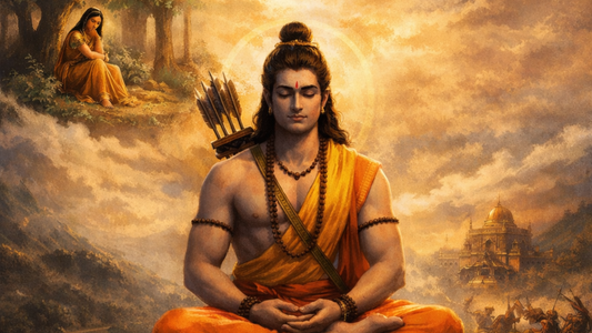 A serene figure in traditional attire sits in meditation, surrounded by a mystical landscape with a castle and distant warriors.