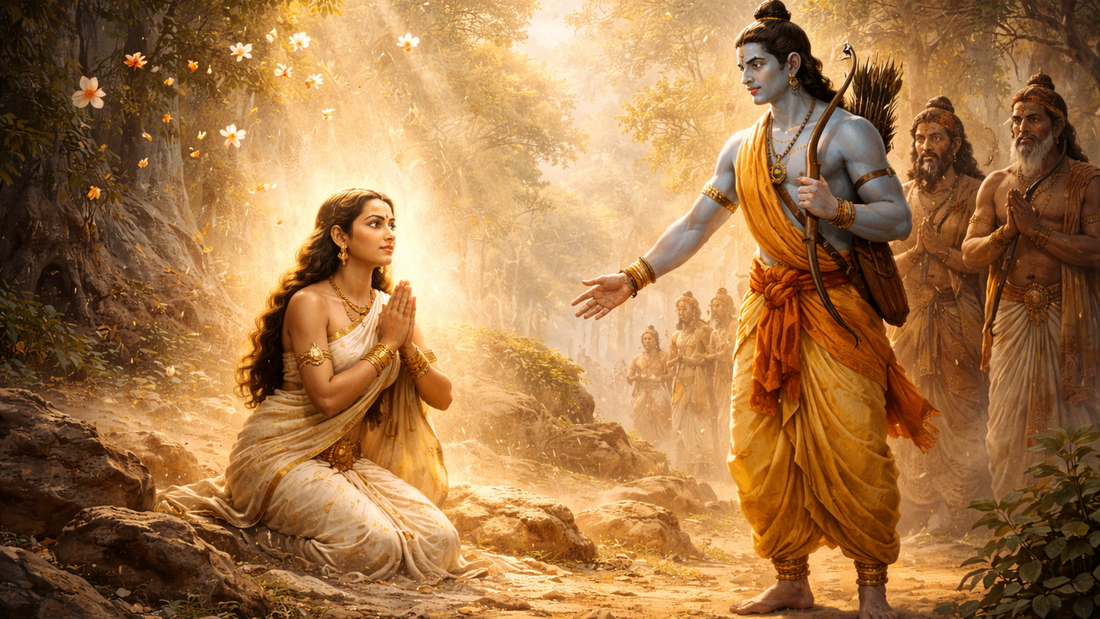 A serene scene depicting a divine figure offering blessings to a kneeling woman, surrounded by lush greenery and soft, glowing light.
