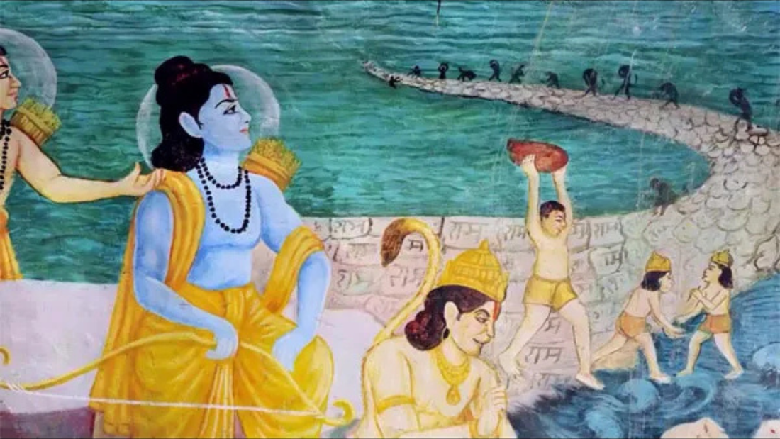 A colorful mural depicting mythological figures engaged in a monumental task, creating an underwater bridge amidst a serene backdrop.