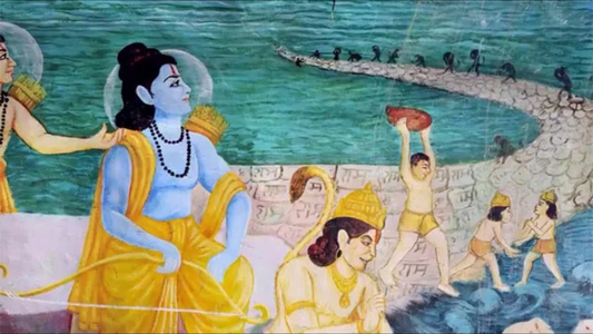 A colorful mural depicting mythological figures engaged in a monumental task, creating an underwater bridge amidst a serene backdrop.