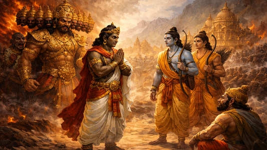A dramatic scene depicting iconic figures in a mythological battle, surrounded by vibrant colors and fiery backgrounds.