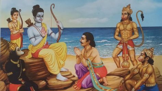 A vibrant scene depicting Hindu deities by the sea, with Rama holding a bow, surrounded by allies including Hanuman and others.