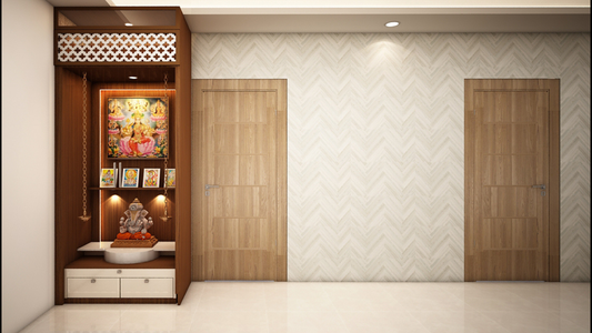 Alt text: A minimalist room features a wooden wall-mounted temple with a Ganesha idol and vibrant deity paintings. Flanked by two wooden doors on a herringbone-patterned wall, the space exudes tranquility and devotion.