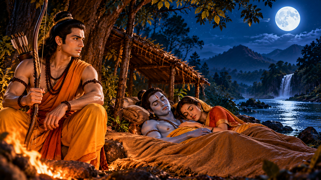 A cinematic night scene from the Ramayana showing Lakshman keeping watch with his bow while Rama and Sita sleep beside a forest shelter, illuminated by a campfire and moonlight, with a river, waterfall, mountains, and dense forest in the background.