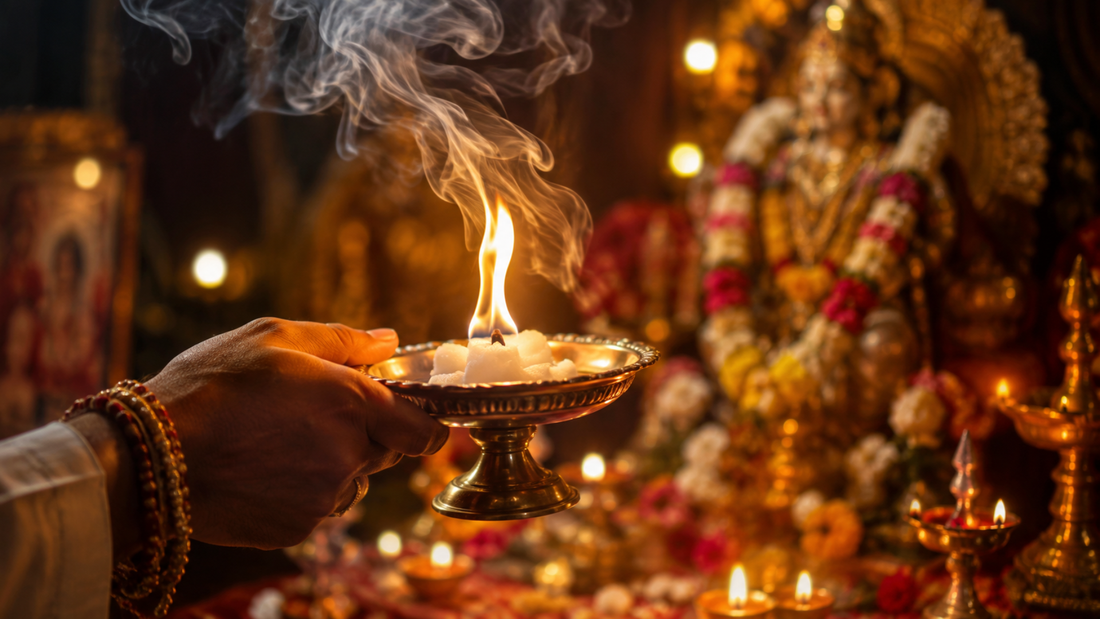 A hand performs aarti with camphor burning in a brass tray before a decorated Hindu deity.
