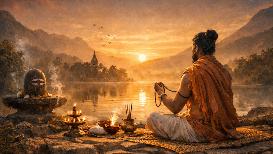 A serene scene of a meditating figure by a lake at sunset, surrounded by offerings, with mountains and a temple in the background.