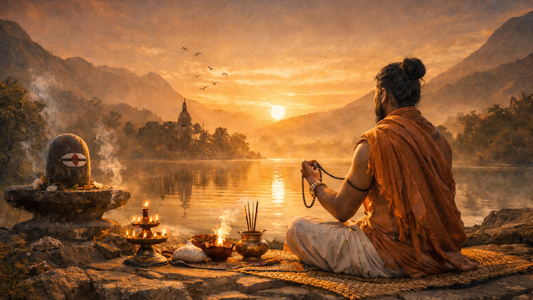 A serene scene of a meditating figure by a lake at sunset, surrounded by offerings, with mountains and a temple in the background.