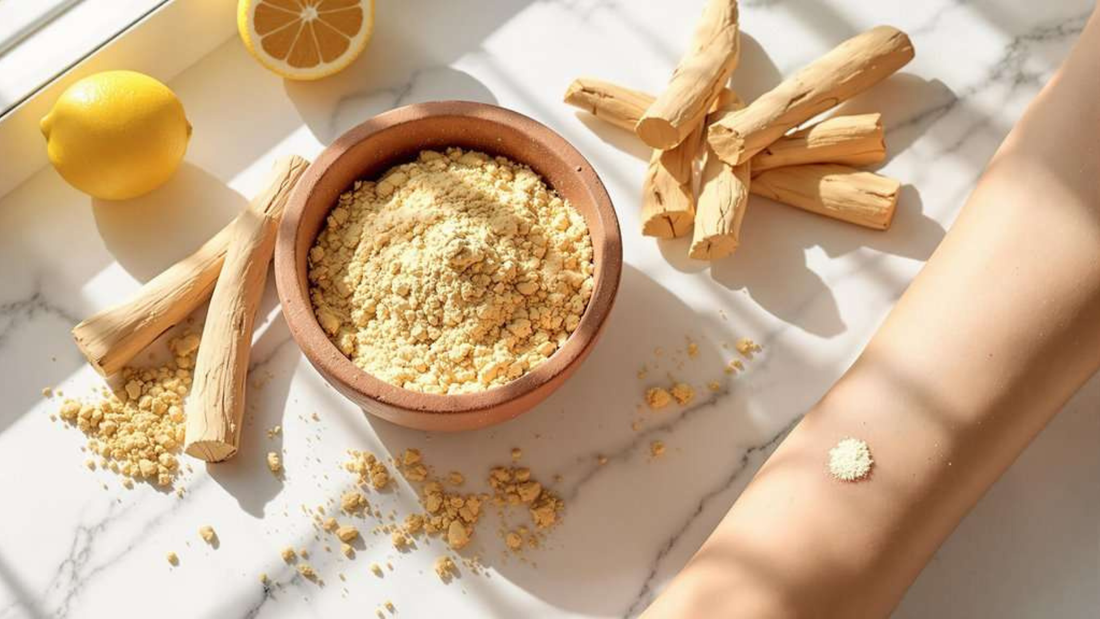 A bowl of yellow powder beside lemon slices and sticks of wood, with a small amount of powder on a bare arm against a marble surface.