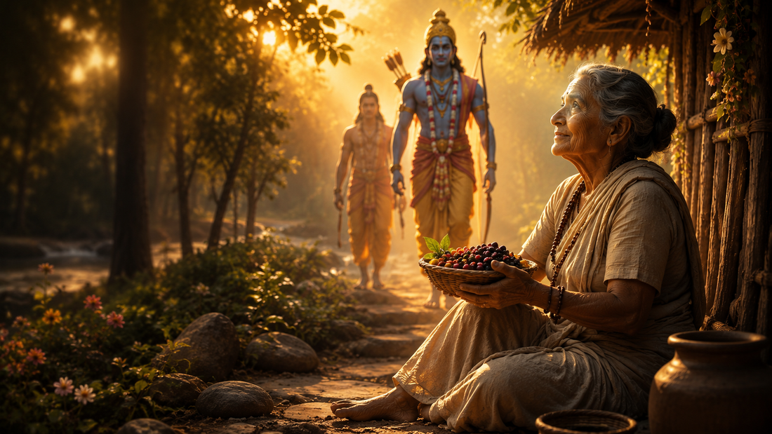 Elderly woman offering a basket of berries sits by a rustic hut as two blue-skinned figures walk along a sunlit forest path.