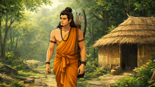 A figure in a flowing orange robe walks through a lush, green forest, approaching a thatched hut surrounded by nature.