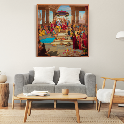 Aesthetic image of Shri Ram Abhishek Painting by Raghu Vyas in drawing room